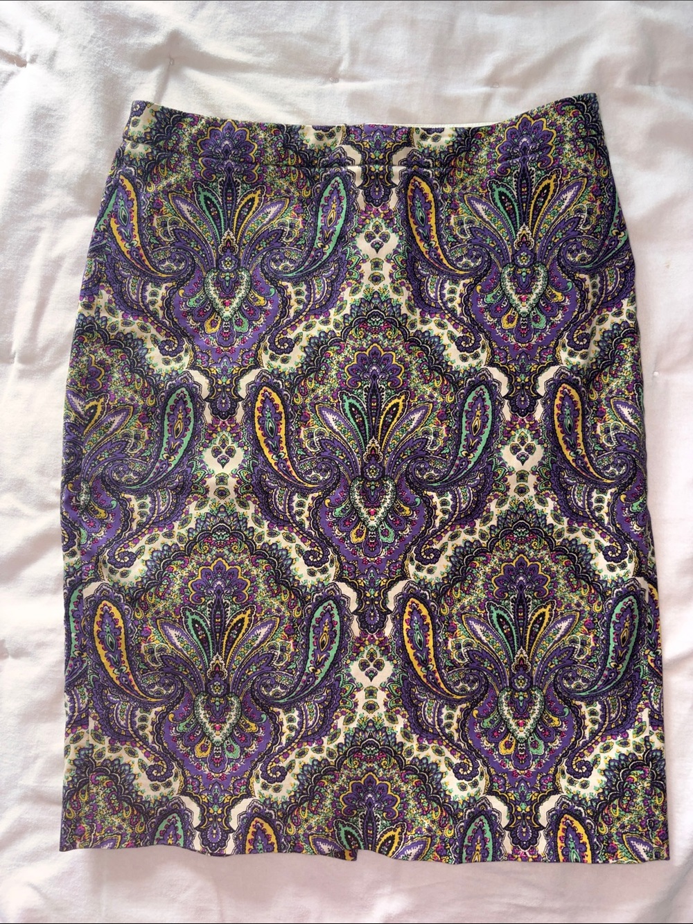 J. Crew Purple Paisley Print Pencil Skirt with Multicolor Accents